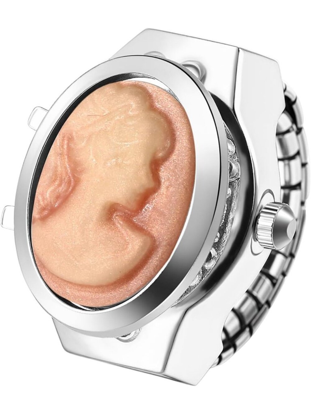 Unisex Pink Analog Quartz Flip Cover Stainless Steel Stretchy Finger Ring Watch